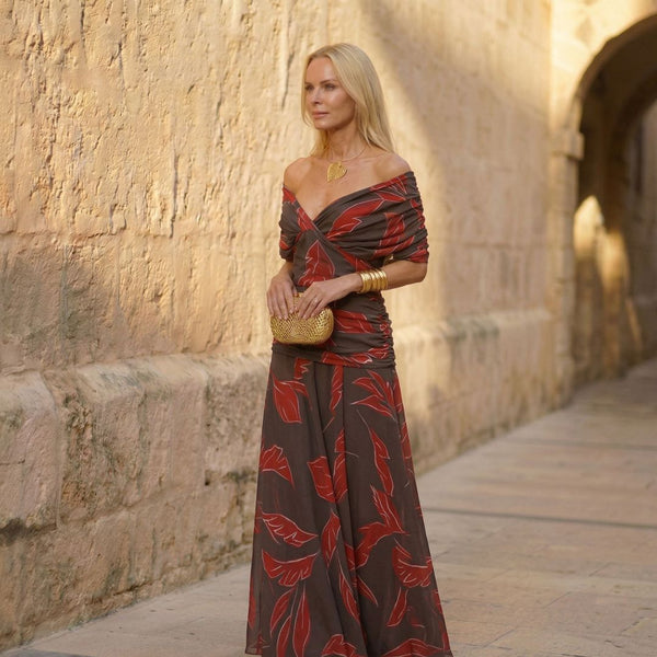 Poppy Flower | Elegant Dress with Leaves