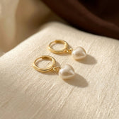 Gold Heart Pearl Drop Earrings