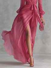 Beatrice | Elegant Chiffon V-Neck Dress with Tie Belt