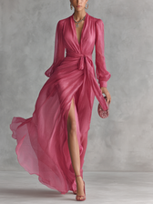 Beatrice | Elegant Chiffon V-Neck Dress with Tie Belt