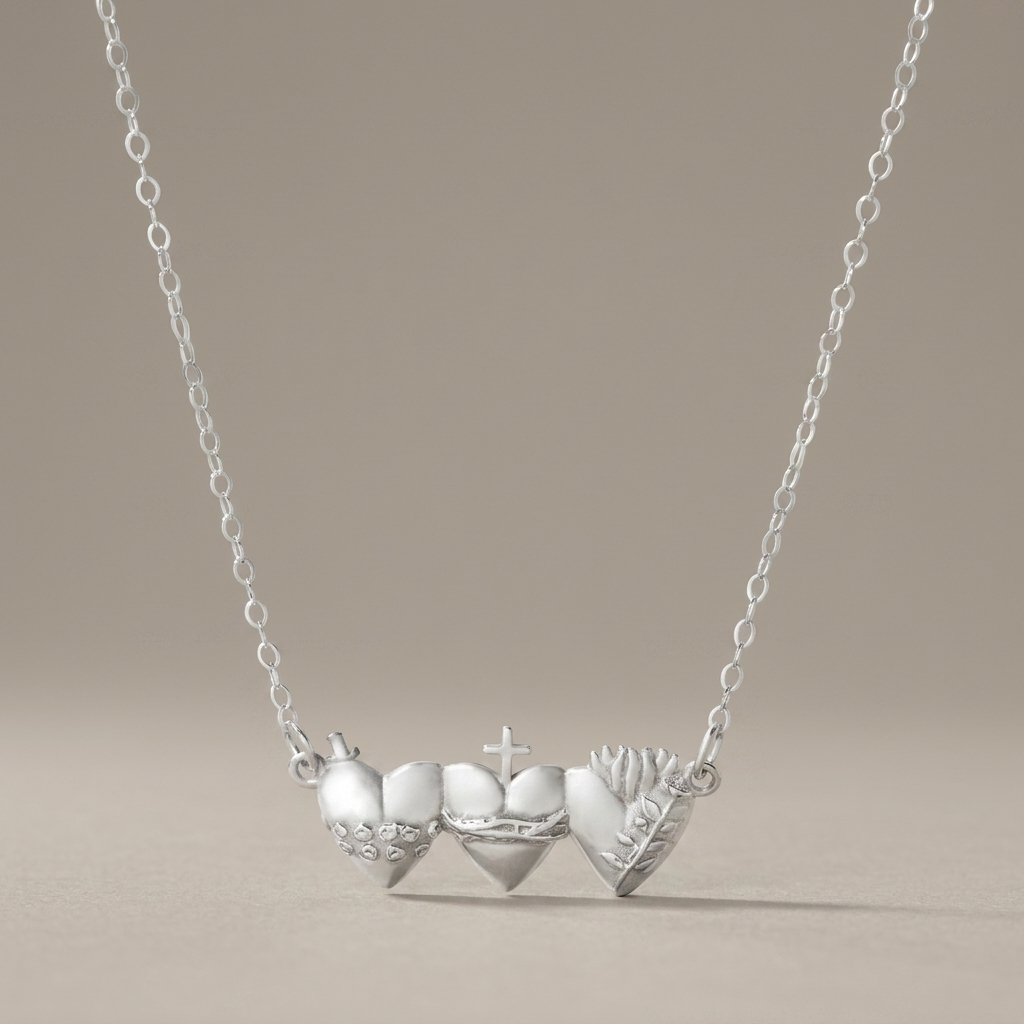 Sacred Hearts of the Holy Family Necklace in Sterling Silver