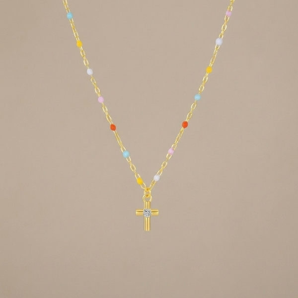 Rainbow Bead Cross Necklace
