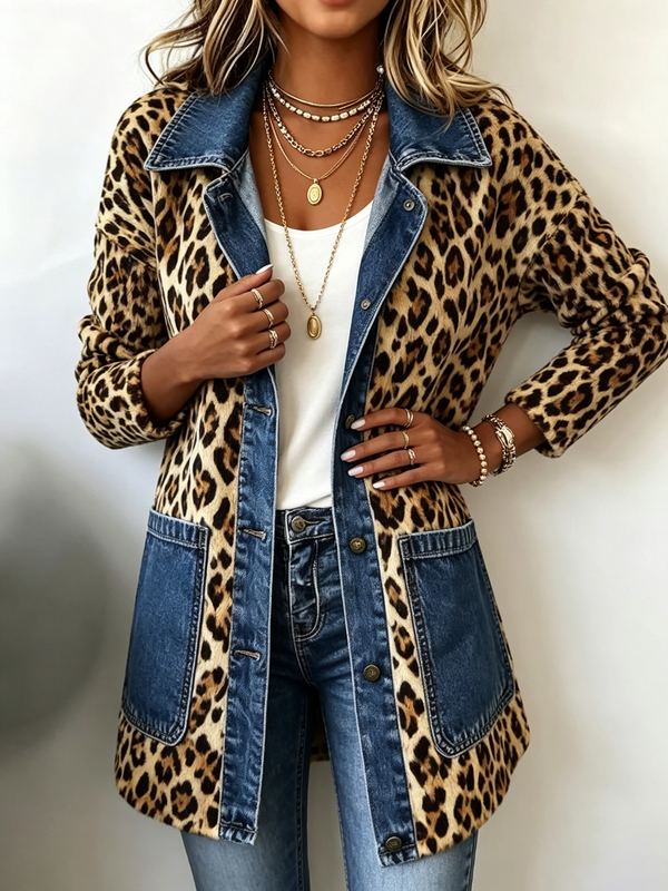 Fablenne™ | Leopard Print Denim Panel Contrast Long Jacket