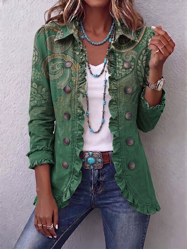 Jemara™ | Bohemian Paisley Print Ruffle Blazer