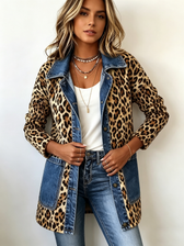 Fablenne™ | Leopard Print Denim Panel Contrast Long Jacket