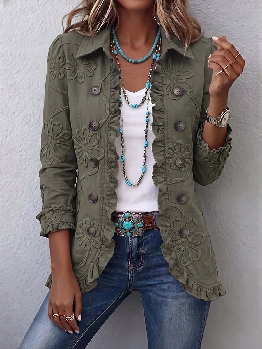 Kamberly™ | Boho-Chic Floral Utility Ruffle Hem Jacket