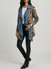 Sherilyn™ | Leopard Print & Washed Denim Panel Mid-Length Jacket