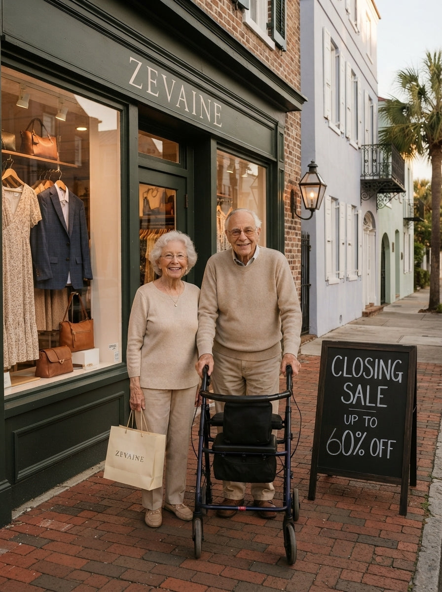 Zane and Alaine in front of the Zevaine boutique in Charleston, closing sale sign